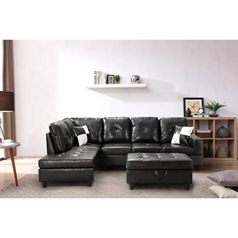 L Shaped Sofa Sectional 3 Piece Living Room Set,imitation leather sofa,With left recliner,Storage footstool and pillows