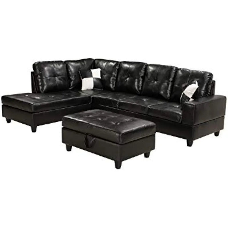 L Shaped Sofa Sectional 3 Piece Living Room Set,imitation leather sofa,With left recliner,Storage footstool and pillows