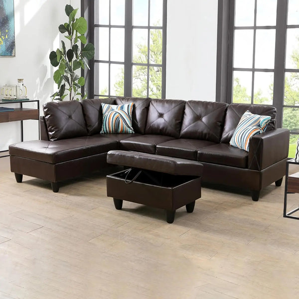 Living Room Furniture, 3-Piece Sectional Set Include Three-Seater Couch with Chaise Lounge & Storage Ottoman,L-Shape Sofa